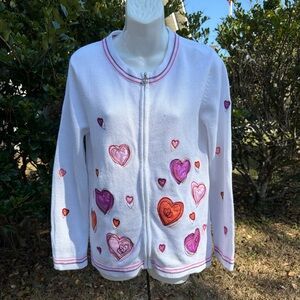 White Cardigan with embroidered / beaded Heart Patterns